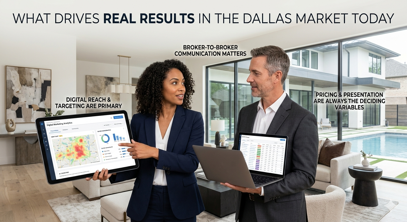 Dallas real estate strategy meeting showing broker-to-broker communication, digital marketing analytics, pricing, presentation, and targeted buyer reach for luxury home sellers.