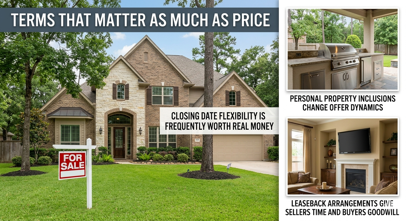 Terms that matter as much as price in a Texas real estate offer, showing a home for sale with closing date flexibility, personal property inclusions, and leaseback arrangements that can affect seller negotiations.