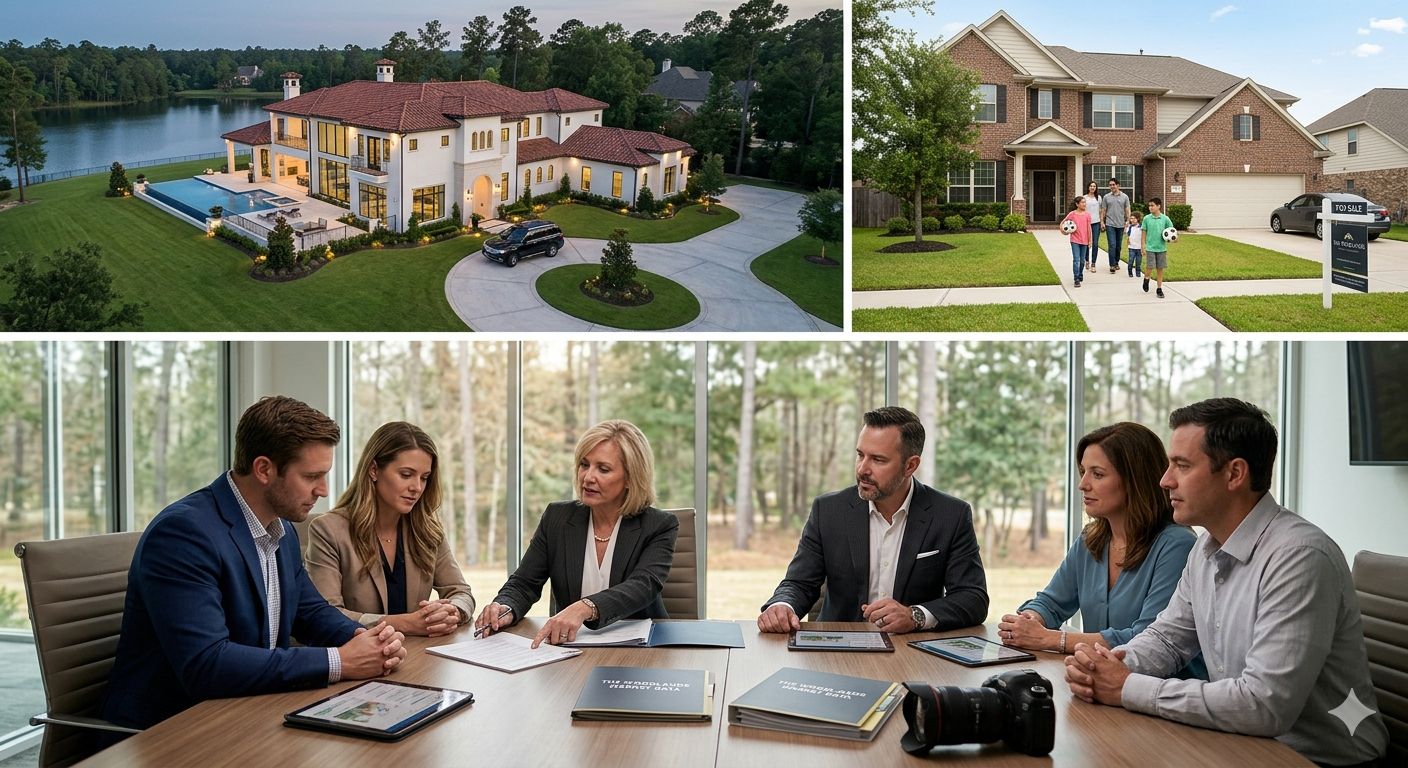 Real estate broker advising multiple buyers and sellers at a conference table with luxury and family homes shown above, representing strategic home buying, selling, pricing, and negotiation guidance in Texas real estate markets.
