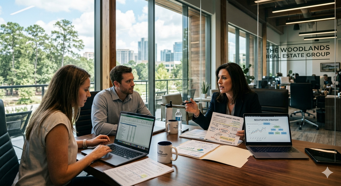 The Woodlands real estate broker meeting with homebuyers to review market analysis, pricing strategy, negotiation data, and buyer representation in The Woodlands Texas housing market.