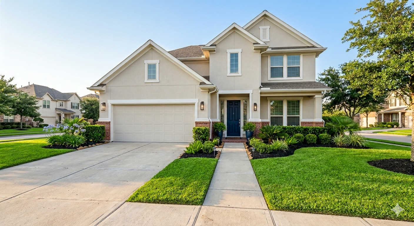 Well-maintained two-story Texas home with curb appeal, lush landscaping, attached garage, and inviting front entry in a suburban neighborhood.