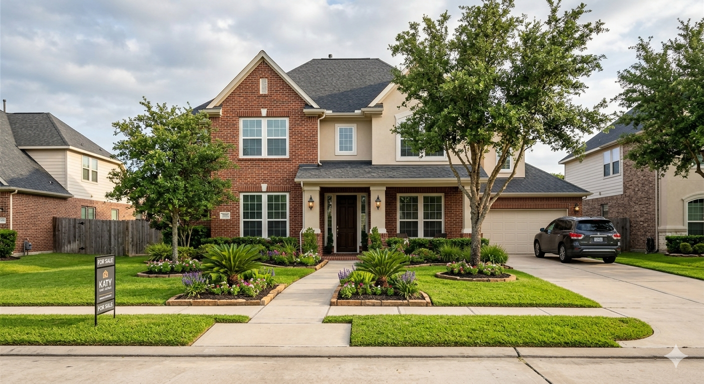 Spacious two-story Katy, Texas home featuring a brick exterior, landscaped front yard, mature trees, attached garage, and inviting front entry.