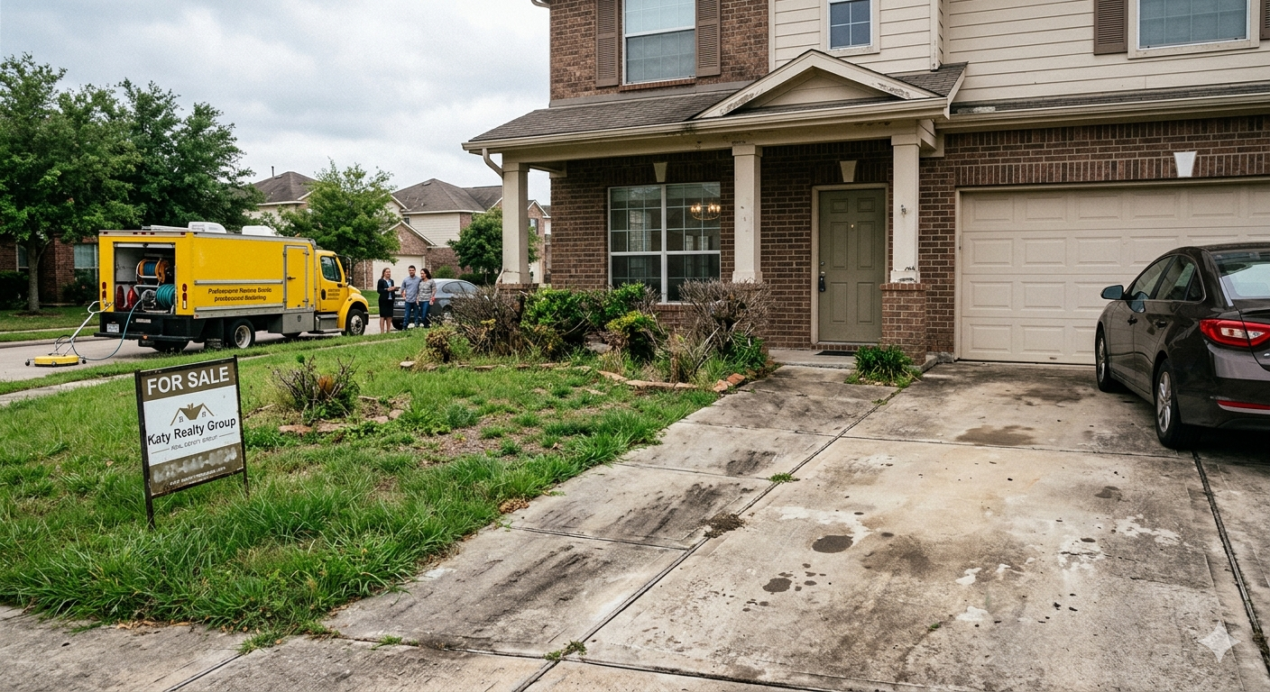 Katy Texas real estate listing showing a home with poor curb appeal, overgrown landscaping, stained driveway, and pressure washing service, highlighting the importance of seller preparation before listing a home for sale.