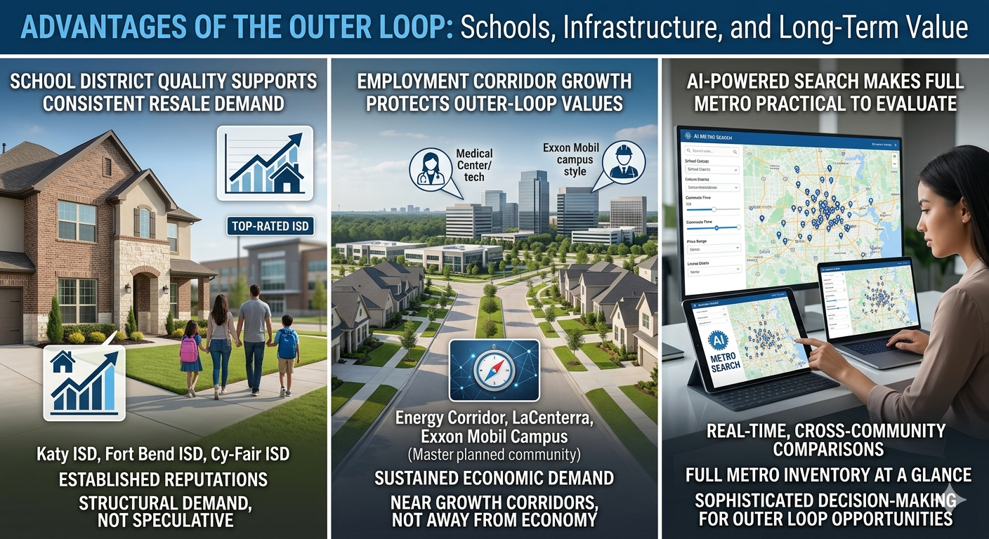 Houston outer loop real estate advantages including strong school districts, employment corridor growth, master-planned communities, and long-term property value. Advantages of buying in Houston’s outer loop communities, featuring school district quality, infrastructure growth, employment corridors, and AI-powered real estate search comparisons.
