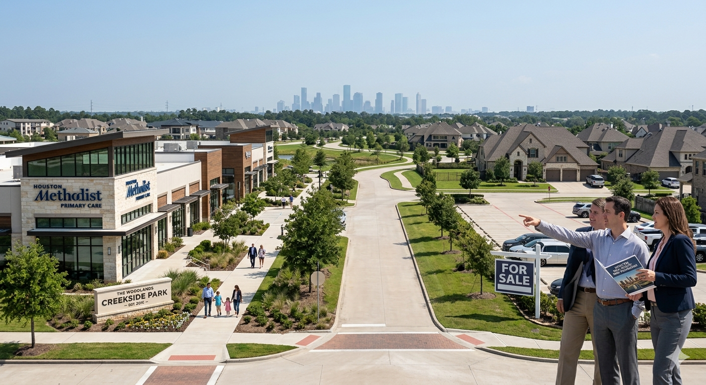 Houston real estate image showing a master-planned community with residential homes, medical office space, walkable amenities, green spaces, and buyers evaluating property opportunities near major employment corridors.