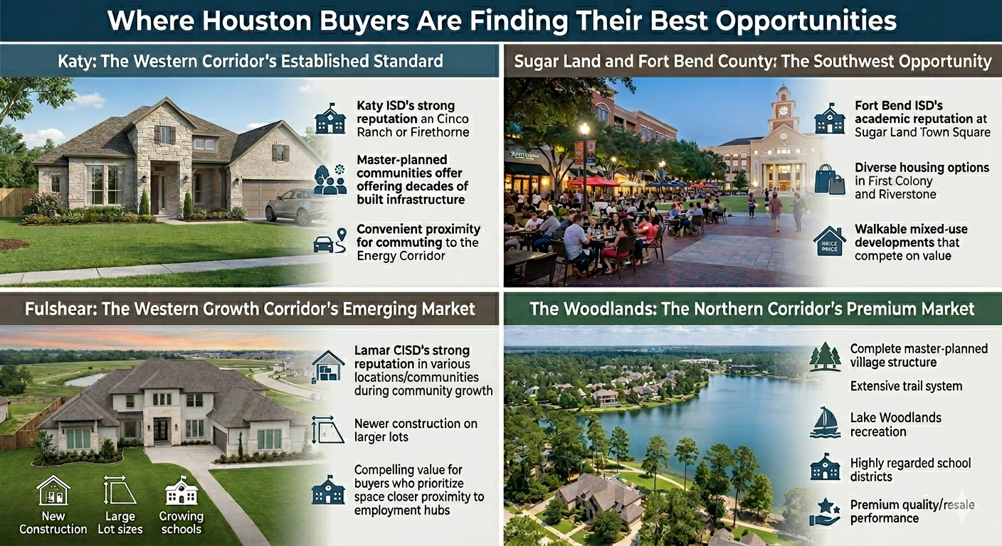Houston area real estate infographic comparing buyer opportunities across Katy, Sugar Land, Fort Bend County, Fulshear, and The Woodlands, including schools, lifestyle, new construction, and resale value.