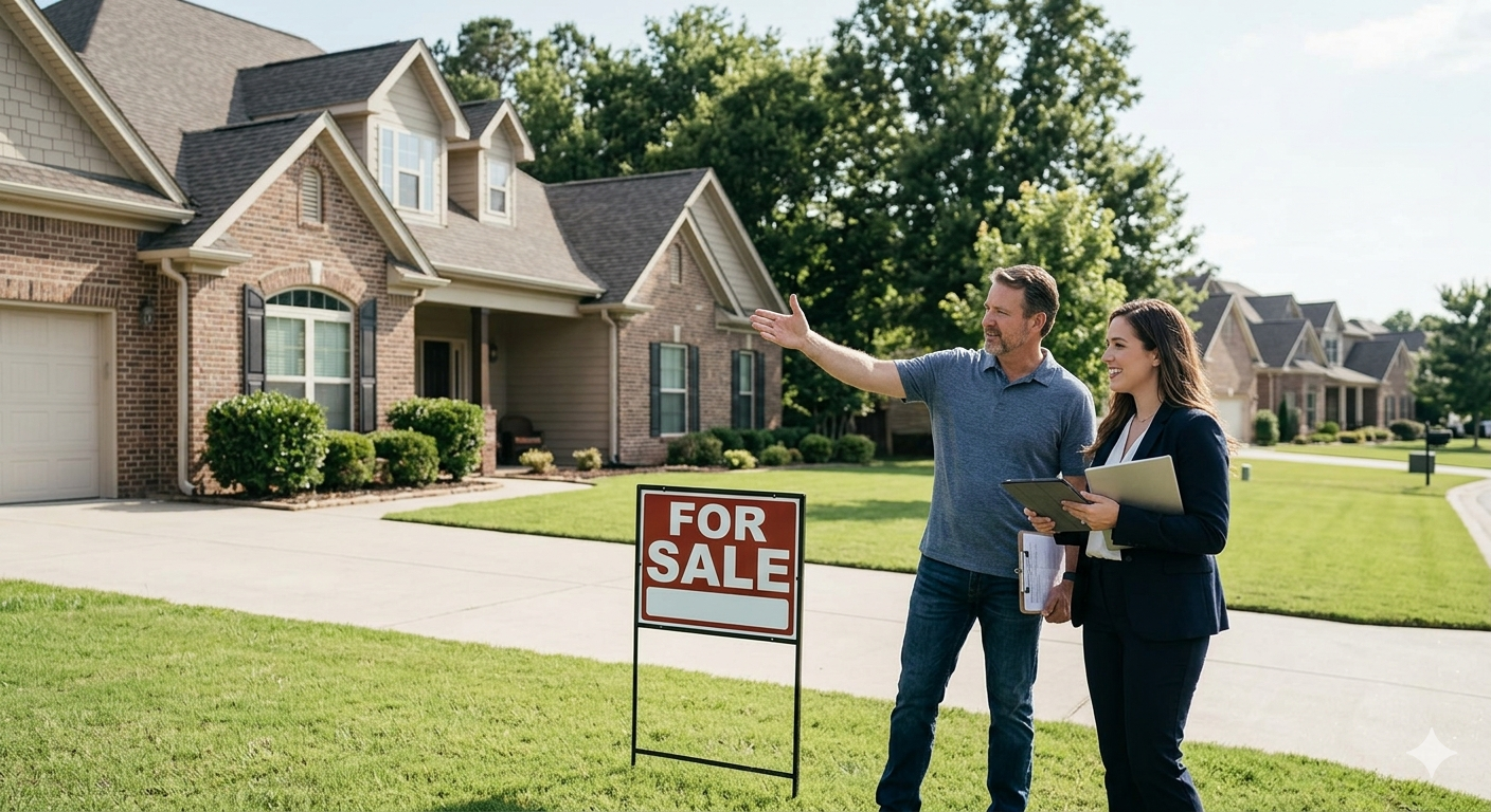 Real estate selling consultation image showing a homeowner and agent reviewing a brick suburban property with a for sale sign, green lawn, and strong curb appeal.