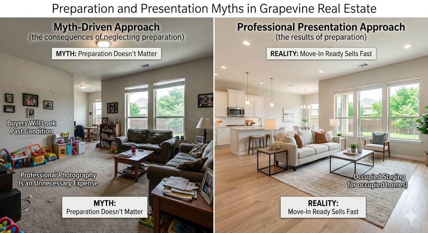 Preparation and presentation myths in Grapevine real estate infographic showing a myth-driven approach versus a professional presentation approach, highlighting staging, photography, and move-in ready selling strategy.