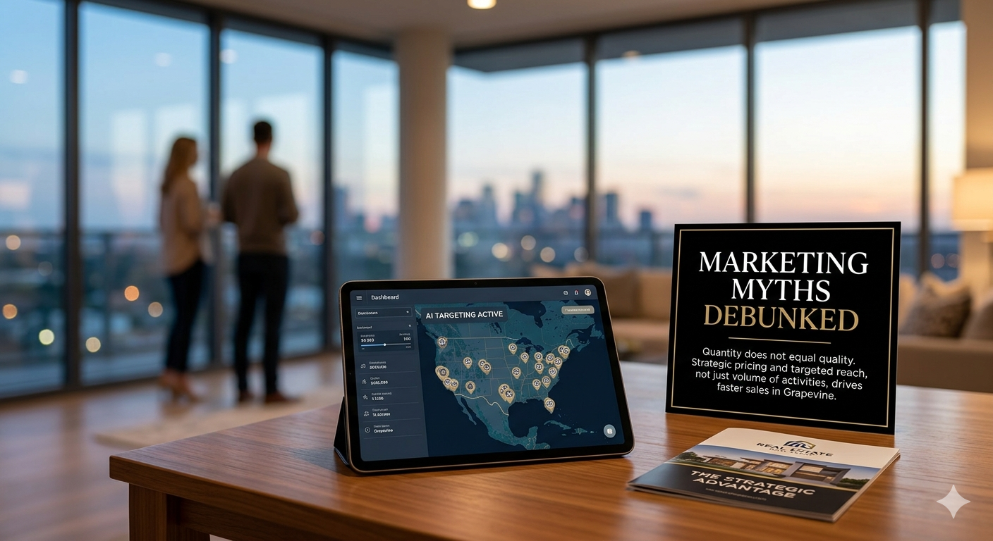Real estate marketing myths debunked image featuring AI-targeted advertising, strategic pricing, luxury seller materials, and a high-rise home setting with city views.