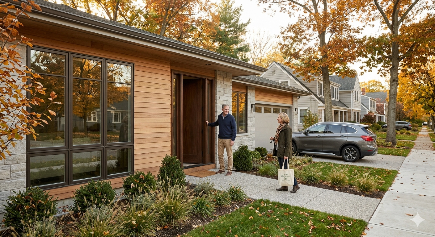 Real estate image showing a mature buyer touring a single-story home with modern curb appeal, landscaped front yard, mature trees, and a peaceful neighborhood setting ideal for downsizing or right-sizing.