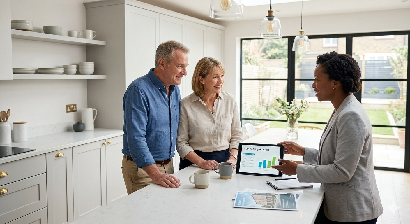 Real estate consultation image showing homeowners reviewing a home equity analysis with an agent in a bright kitchen, helping sellers understand property value, equity, and smart selling options.