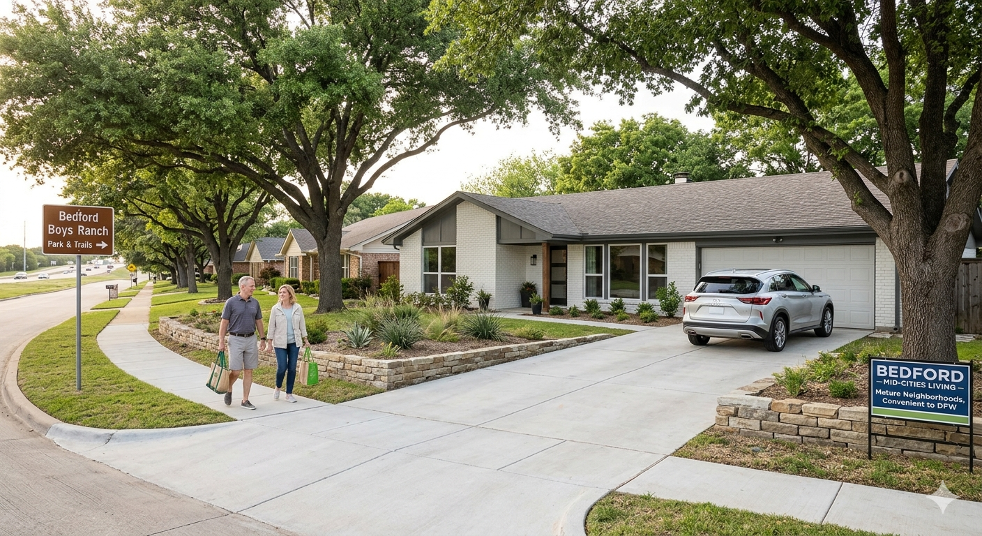 Bedford Texas neighborhood image featuring a single-story home with mature trees, updated landscaping, sidewalks, parks and trails access, and convenient Mid-Cities living near DFW.