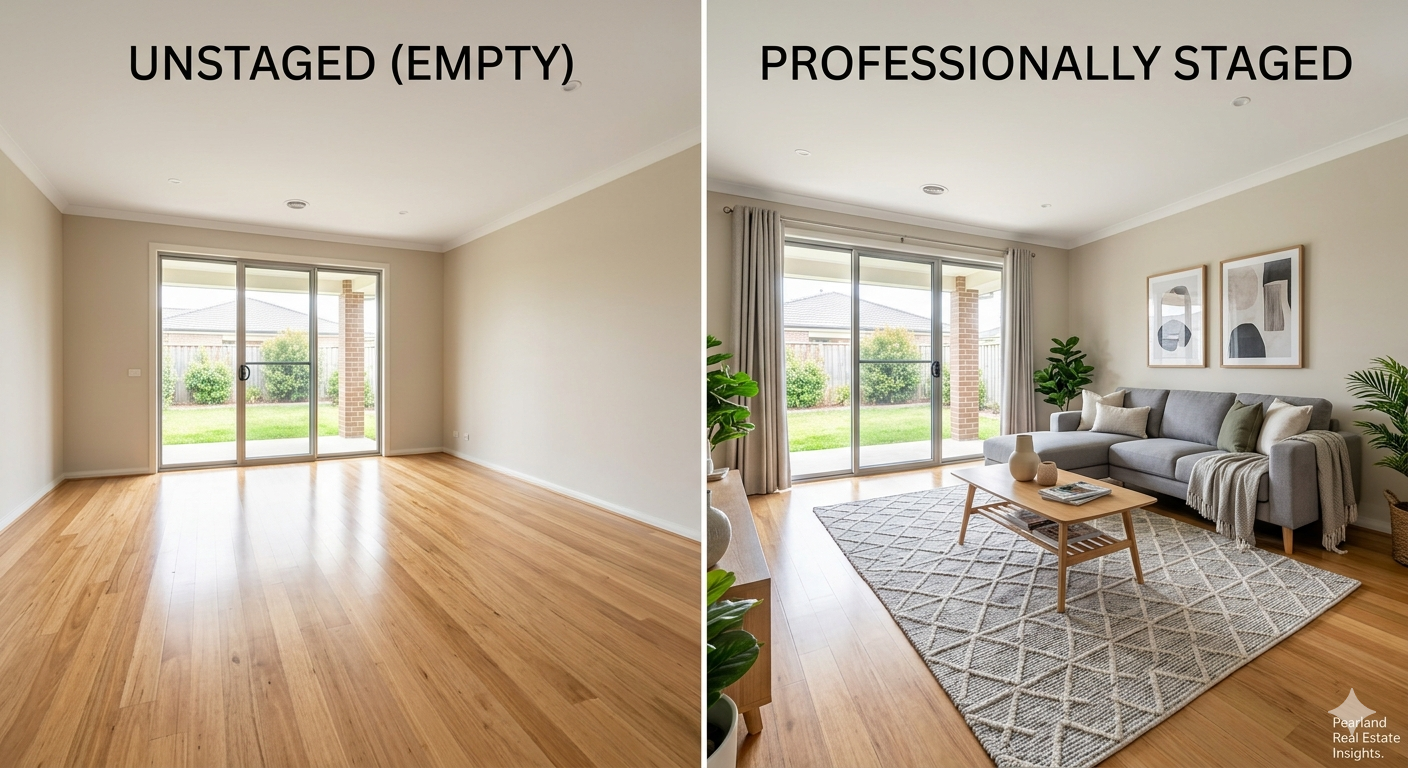 Pearland real estate staging comparison showing an empty room beside a professionally staged living area, highlighting how furniture, lighting, decor, and layout can help buyers better visualize a home.