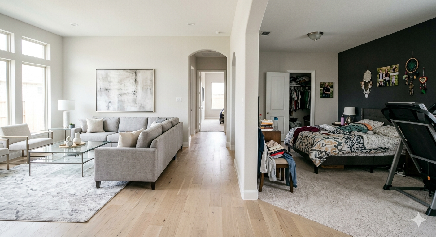 Real estate preparation image showing the difference between a staged, move-in ready living space and a cluttered bedroom, highlighting why sellers should declutter, clean, and present every room before listing.