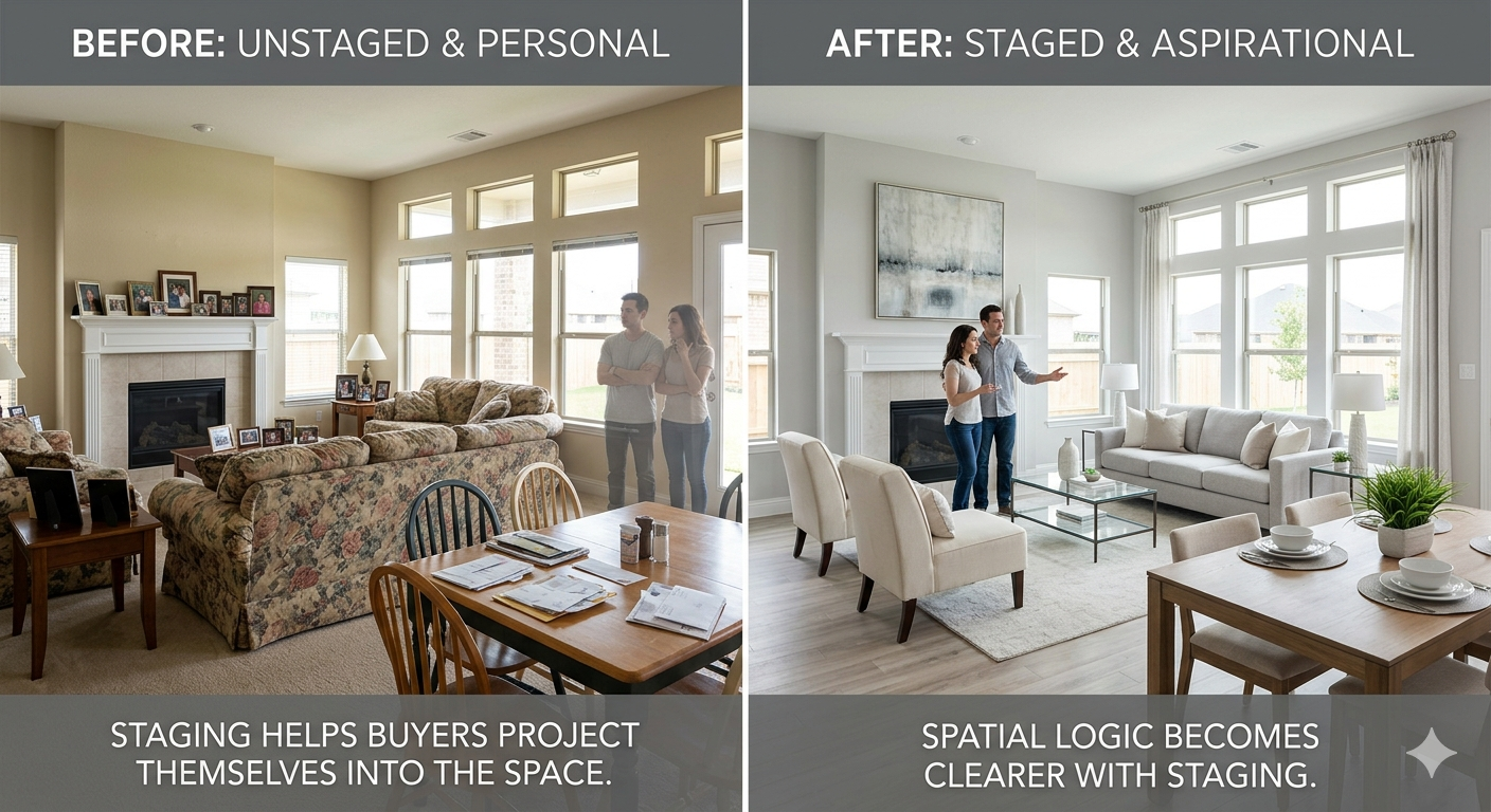 Home staging image comparing an unstaged personal living room with a professionally staged, aspirational space, showing how staging improves flow, buyer perception, and the ability to imagine living in the home.