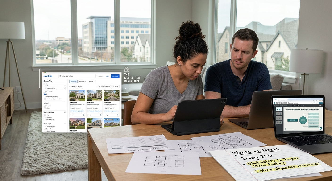Real estate image showing buyers evaluating Irving, Texas home listings, floor plans, and needs-versus-wants priorities using tablets and laptops during the home search process. Real estate image showing buyers evaluating Irving, Texas home listings, floor plans, and needs-versus-wants priorities using tablets and laptops during the home search process.