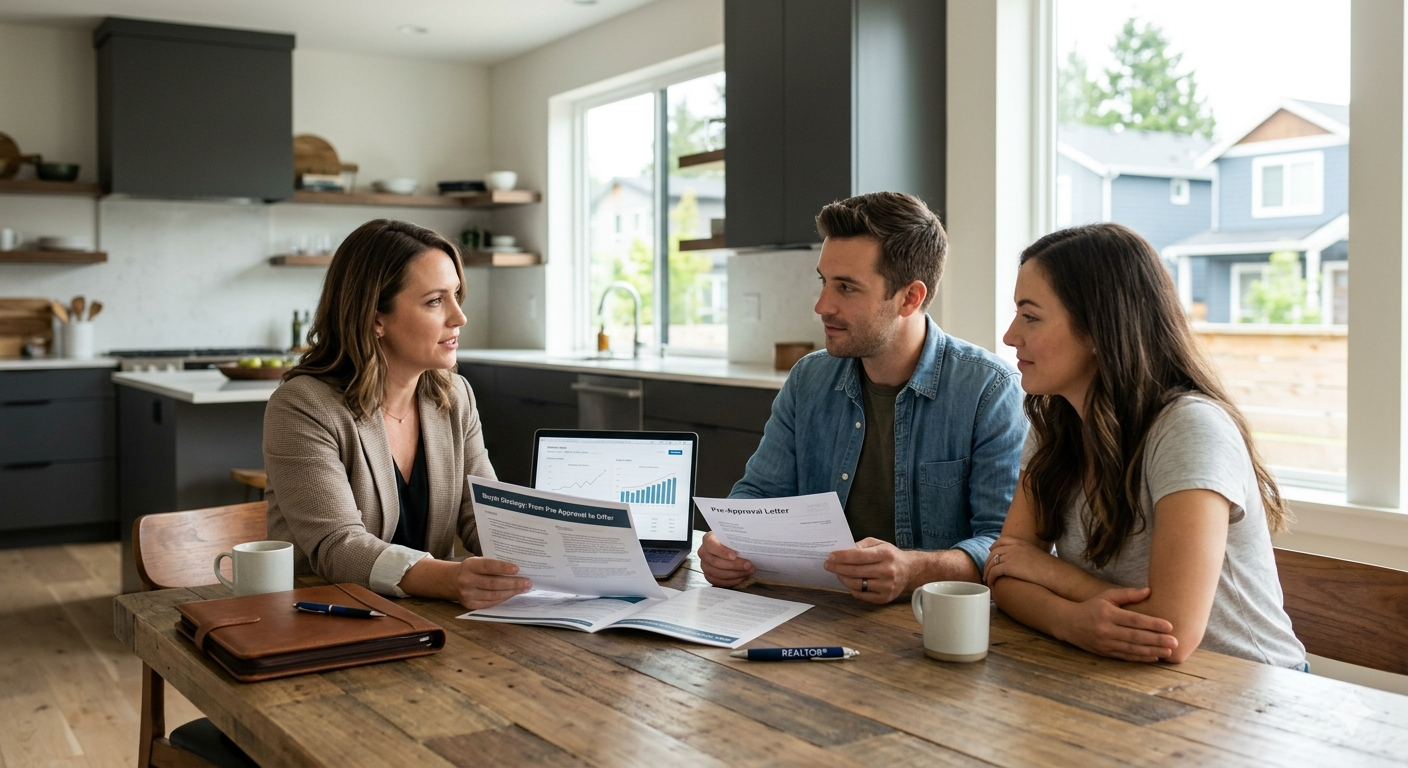 Real estate consultation image showing buyers meeting with an agent in a modern kitchen to discuss pre-approval, market data, buyer strategy, and preparing a strong offer. Real estate consultation image showing buyers meeting with an agent in a modern kitchen to discuss pre-approval, market data, buyer strategy, and preparing a strong offer.