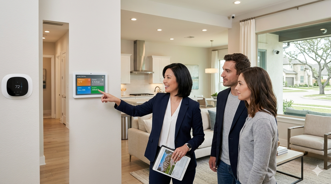 Home buyers touring a modern home with a real estate agent while reviewing smart home features, security controls, thermostat settings, and property details. Home buyers touring a modern home with a real estate agent while reviewing smart home features, security controls, thermostat settings, and property details.