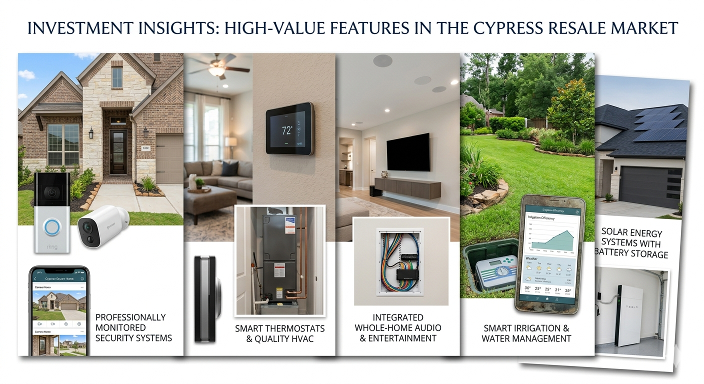 Cypress Texas real estate investment insights highlighting smart home technology, monitored security, quality HVAC, entertainment systems, water management, and solar storage. Cypress Texas real estate investment insights highlighting smart home technology, monitored security, quality HVAC, entertainment systems, water management, and solar storage.