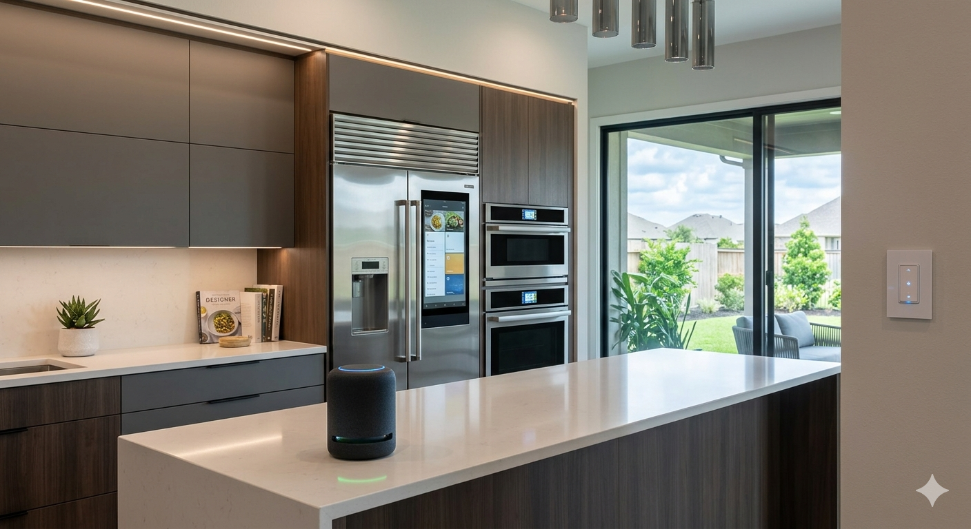 Luxury kitchen with smart home technology, built-in appliances, voice control, sleek cabinetry, quartz island, and indoor-outdoor living features. Luxury kitchen with smart home technology, built-in appliances, voice control, sleek cabinetry, quartz island, and indoor-outdoor living features.