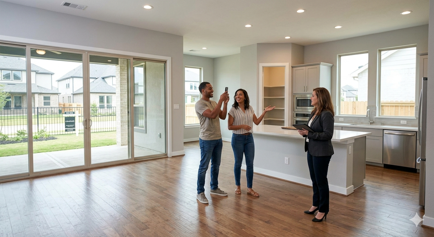 Real estate agent showing buyers a new construction home with open living space, modern kitchen, large windows, wood flooring, and backyard patio access.