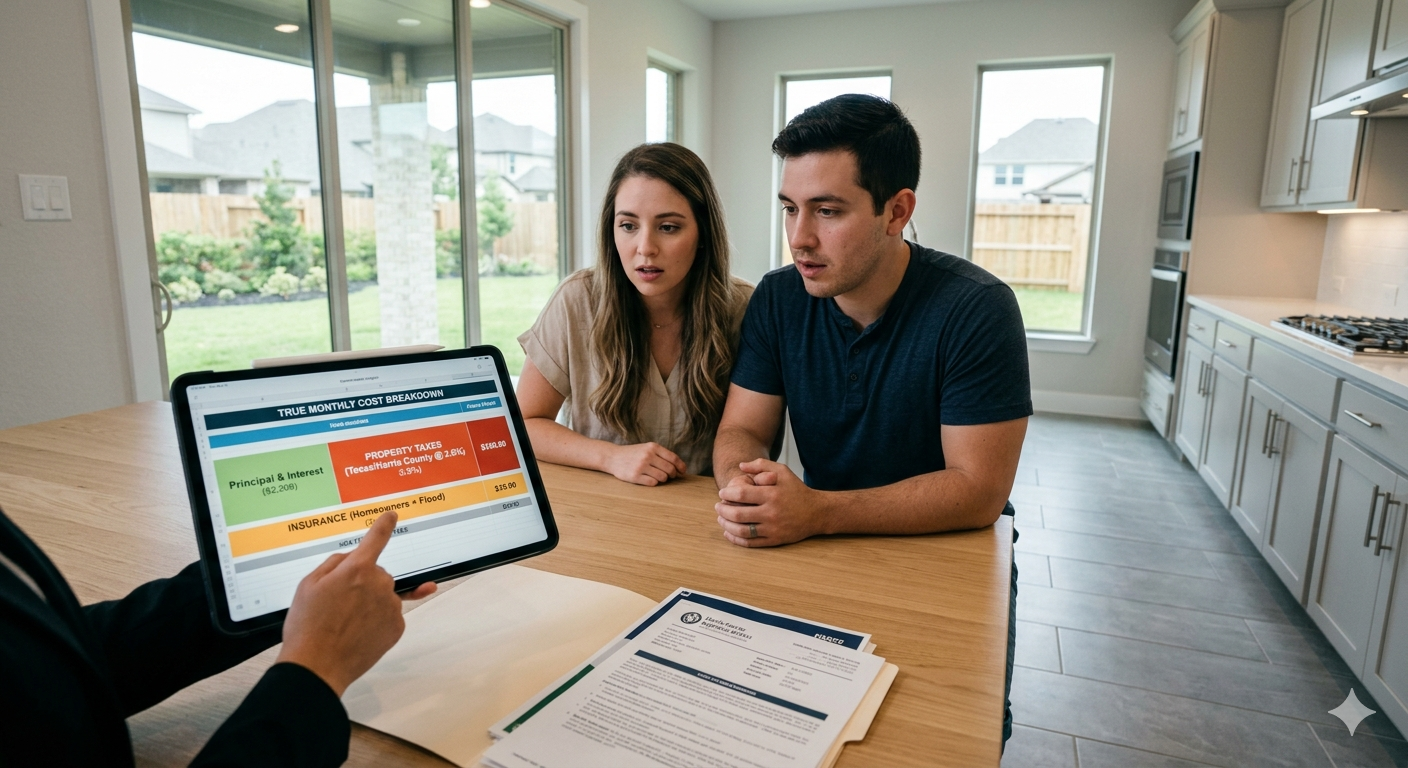 Buyers discussing the full cost of homeownership with an agent, including principal and interest, property taxes, homeowners insurance, and monthly payment planning.