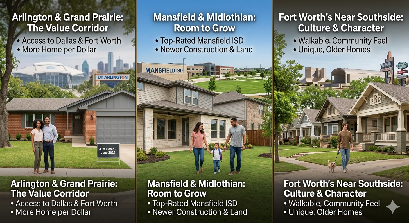 Dallas Fort Worth buyer opportunity guide showing value corridors, newer construction, top-rated school districts, walkable neighborhoods, and older homes with character. Dallas Fort Worth buyer opportunity guide showing value corridors, newer construction, top-rated school districts, walkable neighborhoods, and older homes with character.