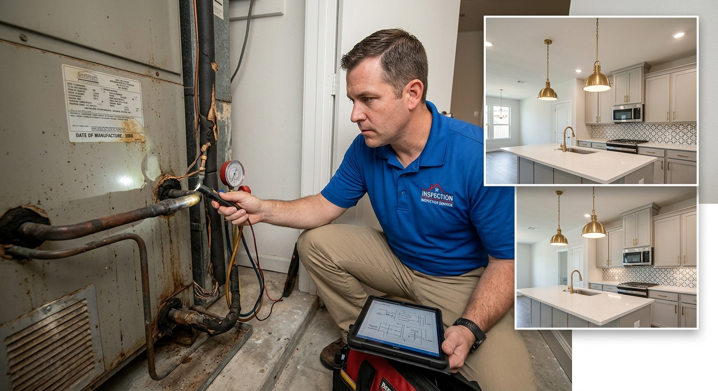 Real estate inspection image showing an inspector evaluating an older HVAC unit with comparison photos of a remodeled kitchen and updated home interior. Real estate inspection image showing an inspector evaluating an older HVAC unit with comparison photos of a remodeled kitchen and updated home interior.