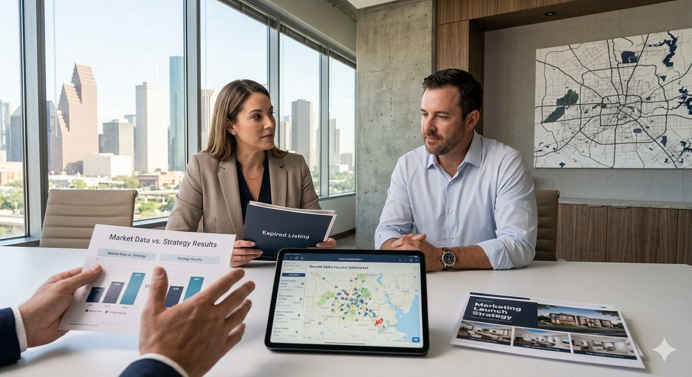 Houston expired listing consultation with real estate professionals reviewing market data, recent sales, pricing strategy, and a listing relaunch plan.