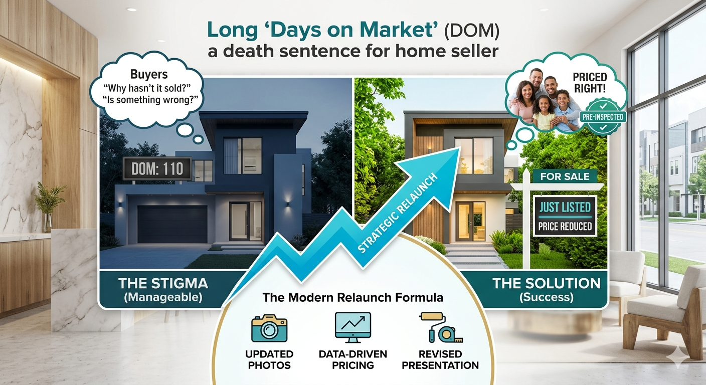 Home seller guide explaining how long days on market can create buyer stigma and how strategic relaunching can improve listing performance.