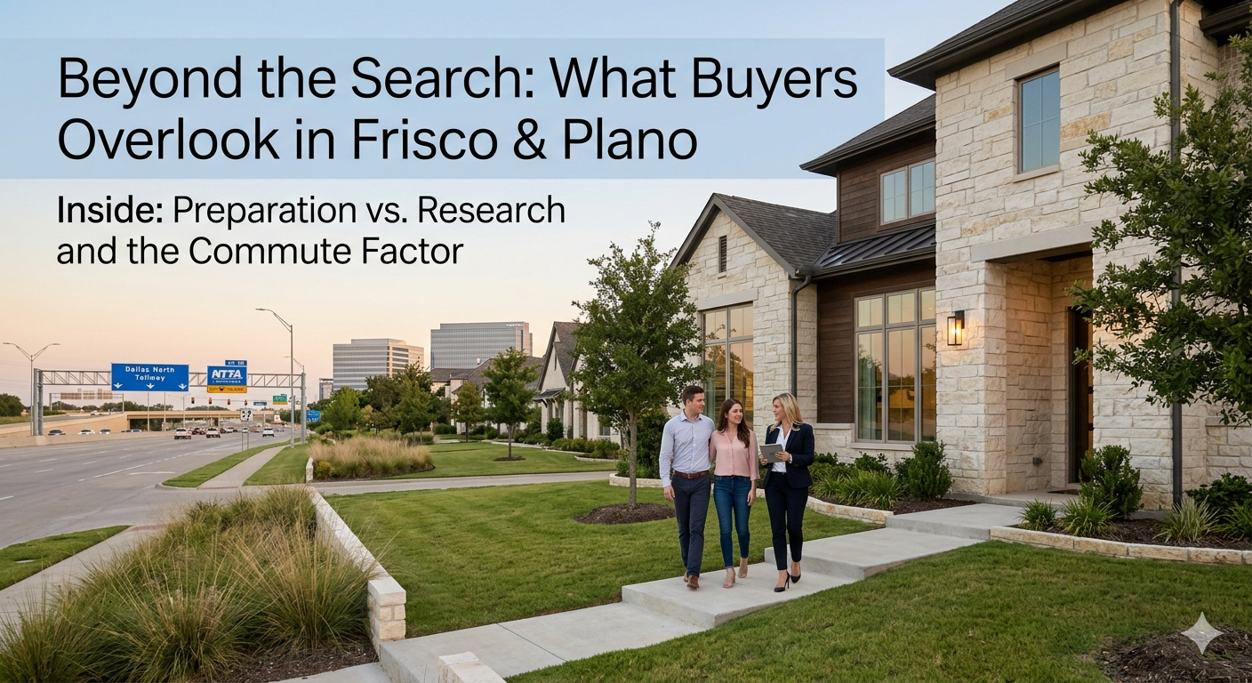 Frisco and Plano real estate image explaining what buyers overlook beyond online home searches, including preparation, research, commute factors, and neighborhood fit.