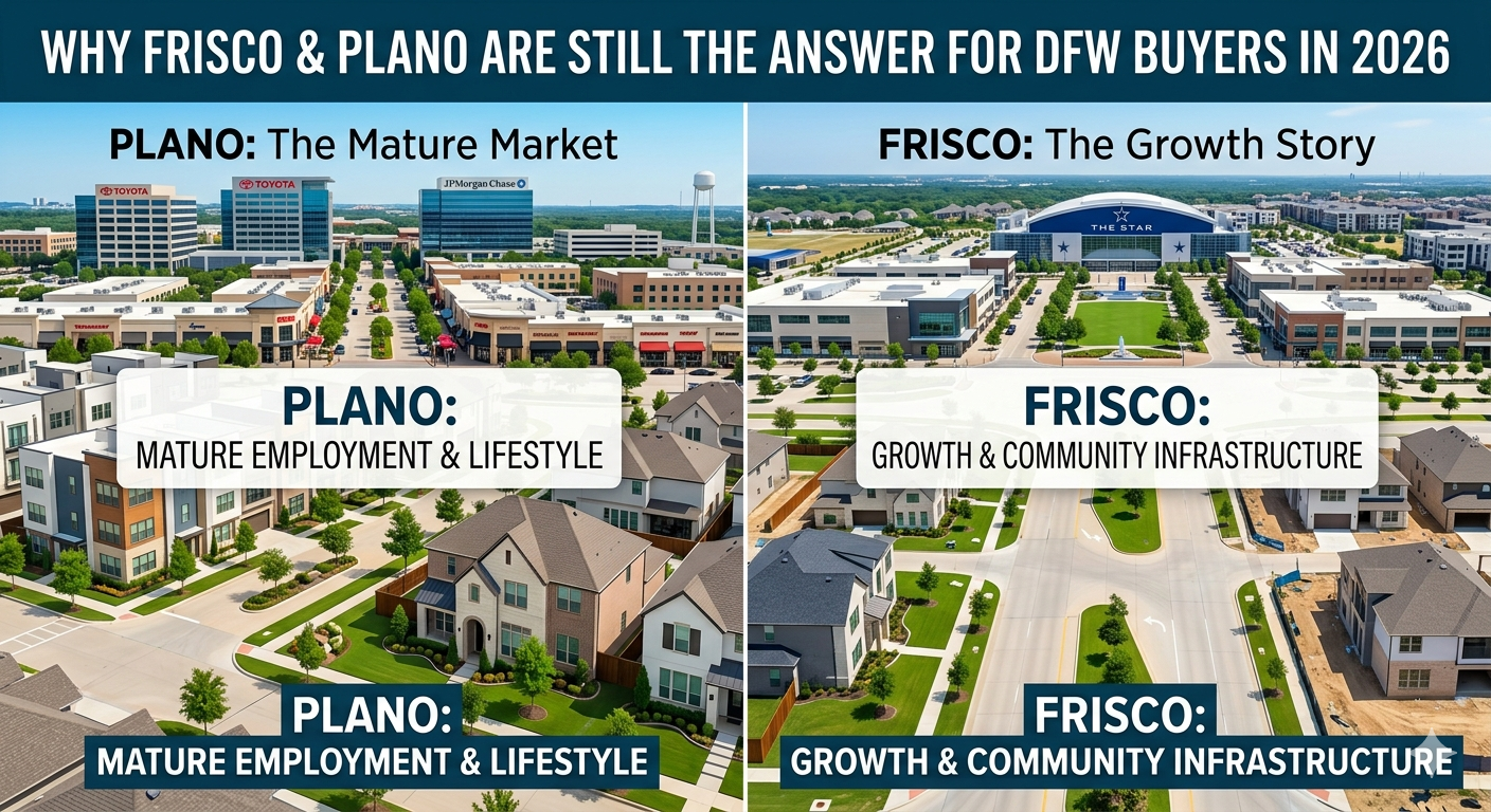 DFW buyer guide image comparing Frisco and Plano real estate opportunities, including employment centers, lifestyle amenities, growth, and community infrastructure.