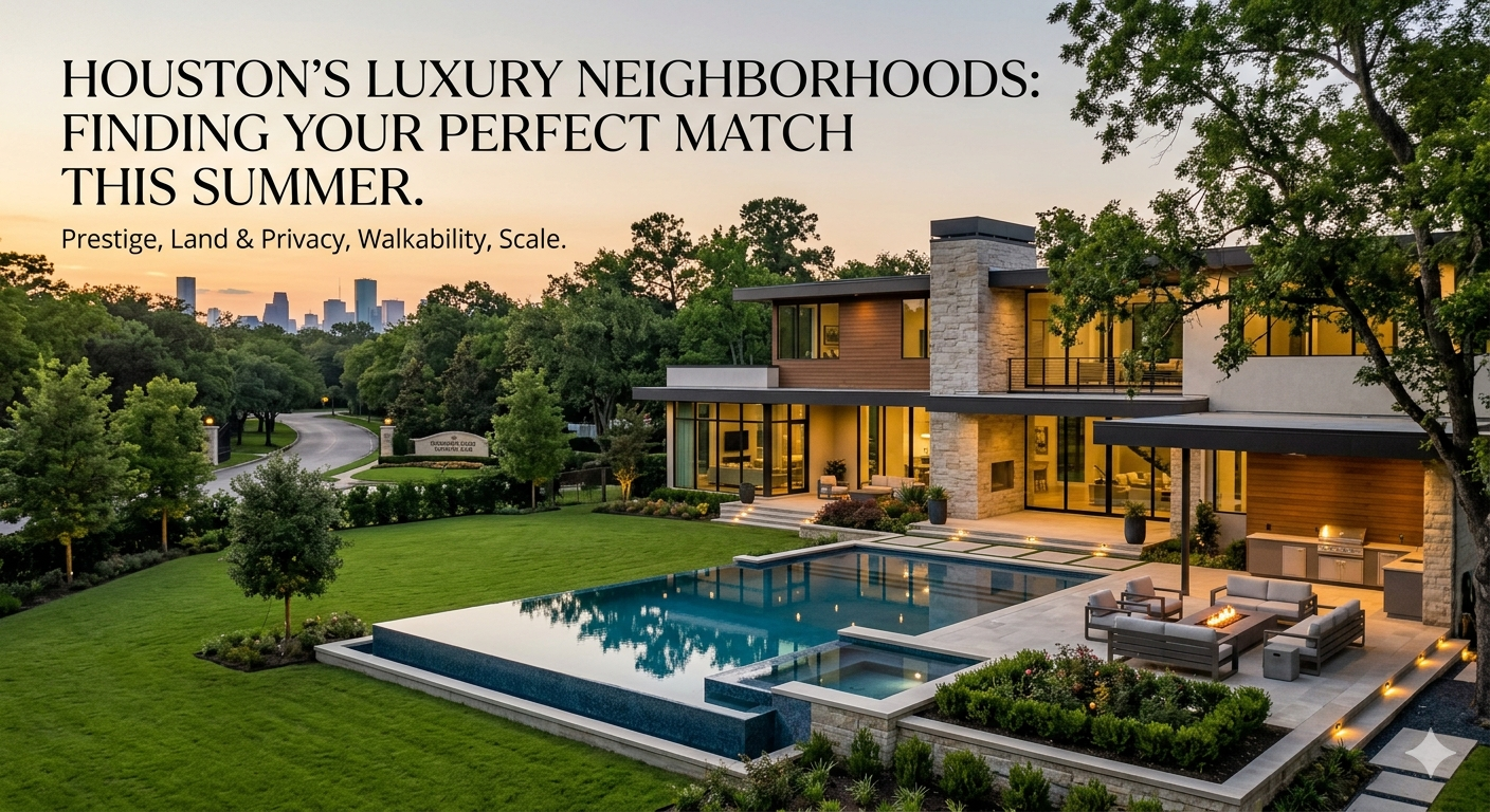 Houston luxury real estate image featuring a modern home with resort-style pool, spacious lawn, private setting, outdoor entertaining area, and nearby city skyline.