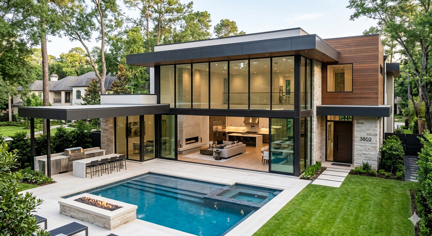 Modern Houston luxury real estate image featuring a contemporary estate with floor-to-ceiling windows, pool, spa, outdoor living area, and mature trees.
