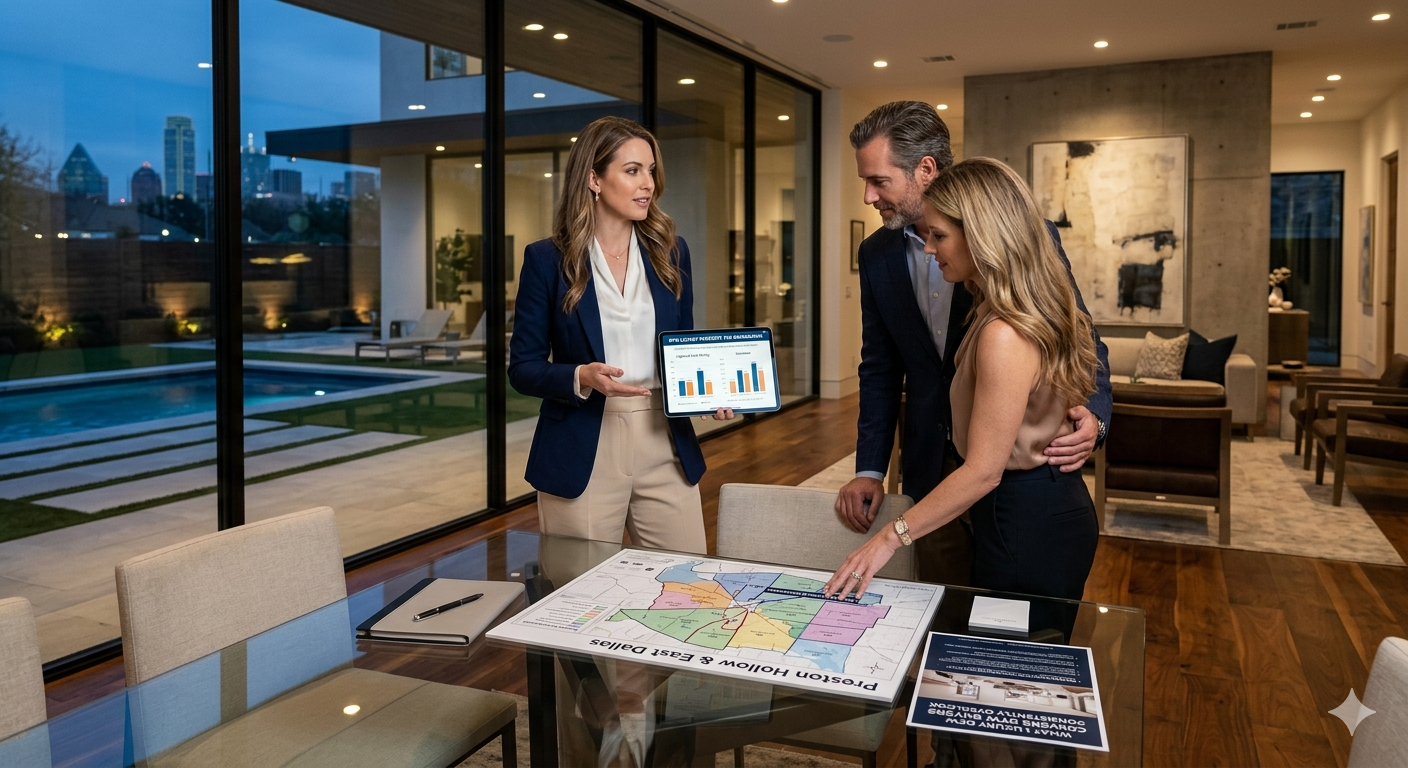 Luxury home buyers meeting with a Houston real estate professional to compare neighborhoods, market trends, pricing data, and lifestyle fit. Luxury home buyers meeting with a Houston real estate professional to compare neighborhoods, market trends, pricing data, and lifestyle fit.