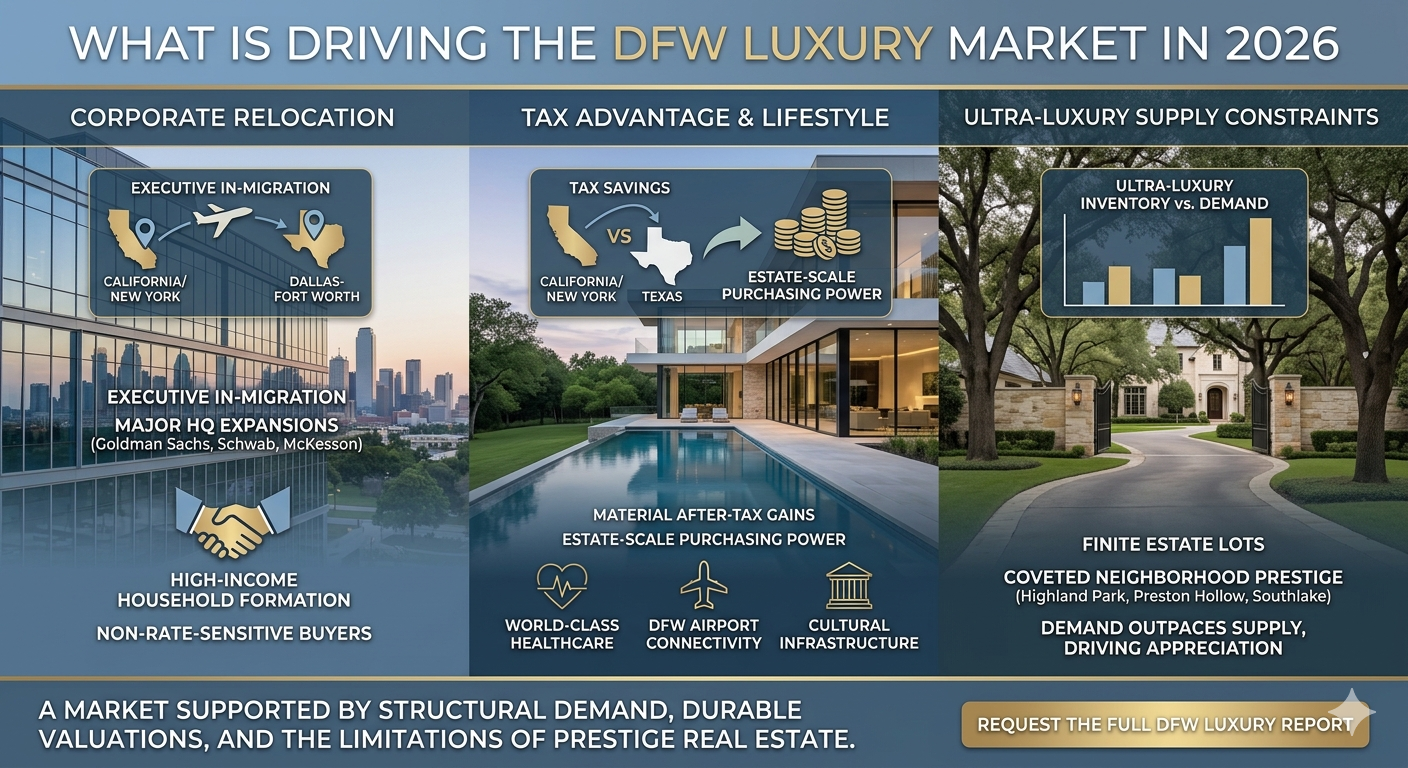 Dallas Fort Worth luxury real estate market image showing executive relocation, Texas tax advantages, estate purchasing power, airport access, healthcare, and supply constraints. Dallas Fort Worth luxury real estate market image showing executive relocation, Texas tax advantages, estate purchasing power, airport access, healthcare, and supply constraints.