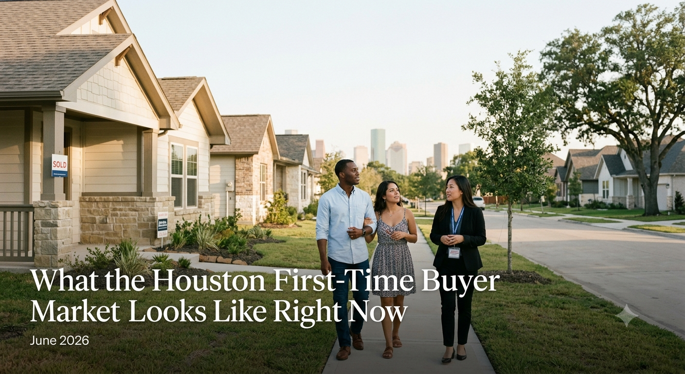 Houston first-time buyer market image showing a couple walking through a suburban neighborhood with a Realtor near newly sold homes and city skyline views. Houston first-time buyer market image showing a couple walking through a suburban neighborhood with a Realtor near newly sold homes and city skyline views.