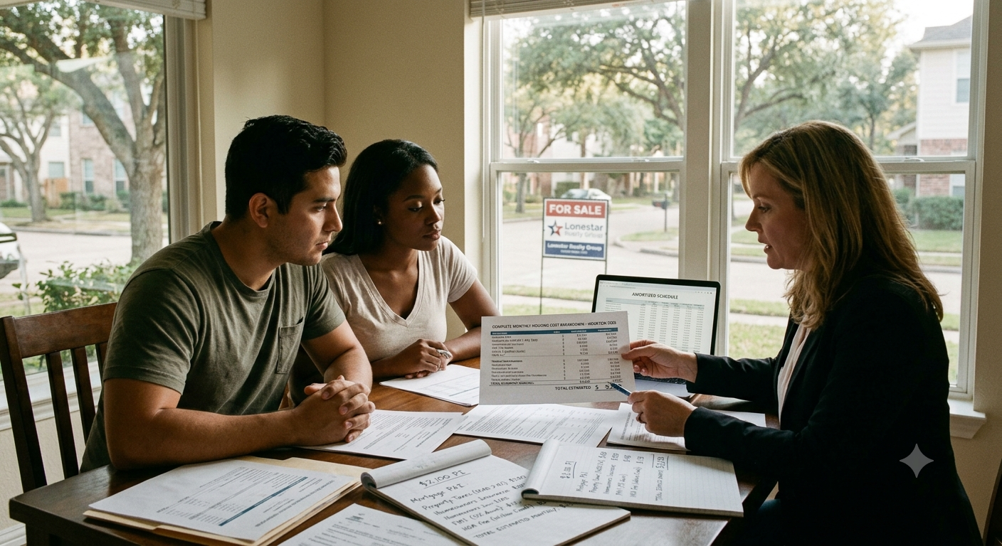 Buyers meeting with a real estate agent to review mortgage payments, closing costs, monthly housing expenses, and affordability before purchasing a home. Buyers meeting with a real estate agent to review mortgage payments, closing costs, monthly housing expenses, and affordability before purchasing a home.