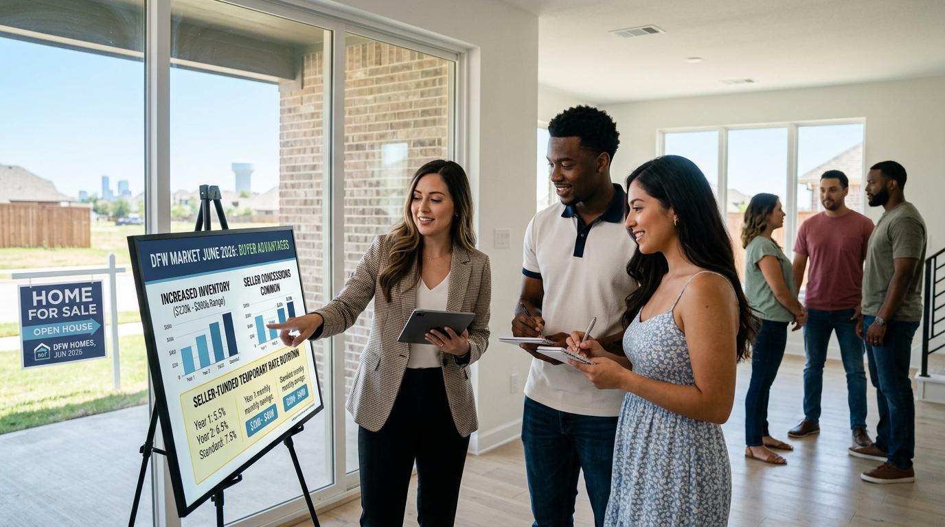Dallas Fort Worth open house image showing buyers reviewing DFW market data with a Realtor, including increased inventory, seller concessions, and buyer opportunities. Dallas Fort Worth open house image showing buyers reviewing DFW market data with a Realtor, including increased inventory, seller concessions, and buyer opportunities.