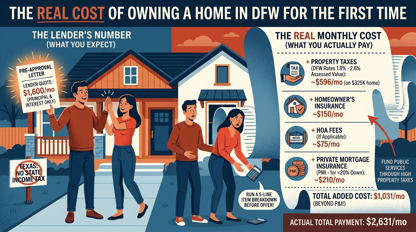 First-time DFW buyers learning that a lender’s quoted payment may not include property taxes, insurance, HOA dues, and private mortgage insurance. First-time DFW buyers learning that a lender’s quoted payment may not include property taxes, insurance, HOA dues, and private mortgage insurance.