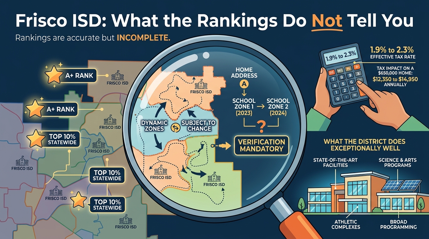 Frisco ISD homebuyer guide showing why buyers should verify school zoning, review tax rates, and look beyond rankings when choosing a Frisco home. Frisco ISD homebuyer guide showing why buyers should verify school zoning, review tax rates, and look beyond rankings when choosing a Frisco home.