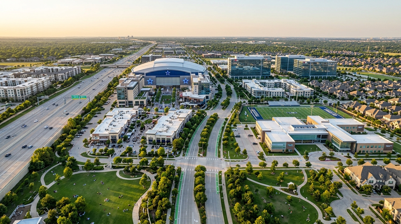 Aerial view of Frisco showing lifestyle amenities, corporate employment centers, schools, green space, highways, and nearby homes for buyers relocating to DFW. Aerial view of Frisco showing lifestyle amenities, corporate employment centers, schools, green space, highways, and nearby homes for buyers relocating to DFW.