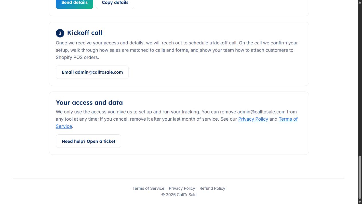 CallToSale kickoff and account access information