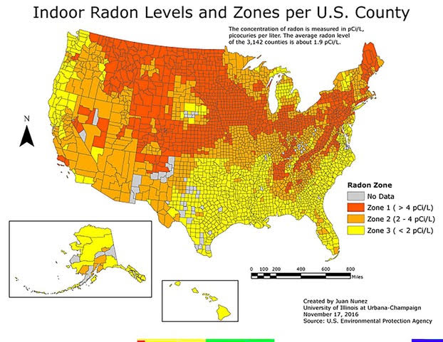 Indoor Radon Levels and Zones per U.S. County Map