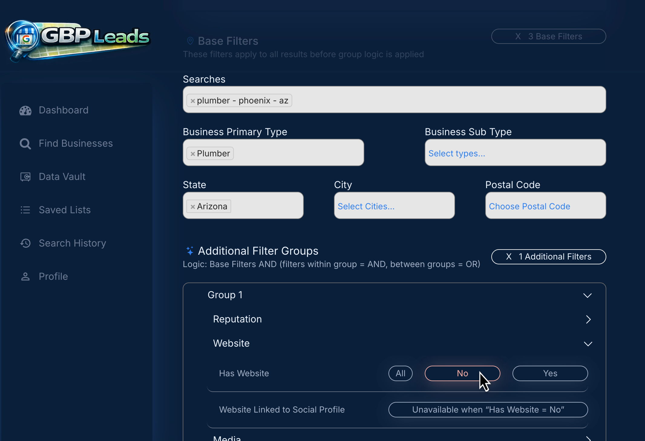 GBP Leads filter set to no website, showing a list of local businesses without a website ready to export GBP Leads filter set to no website, showing a list of local businesses without a website ready to export