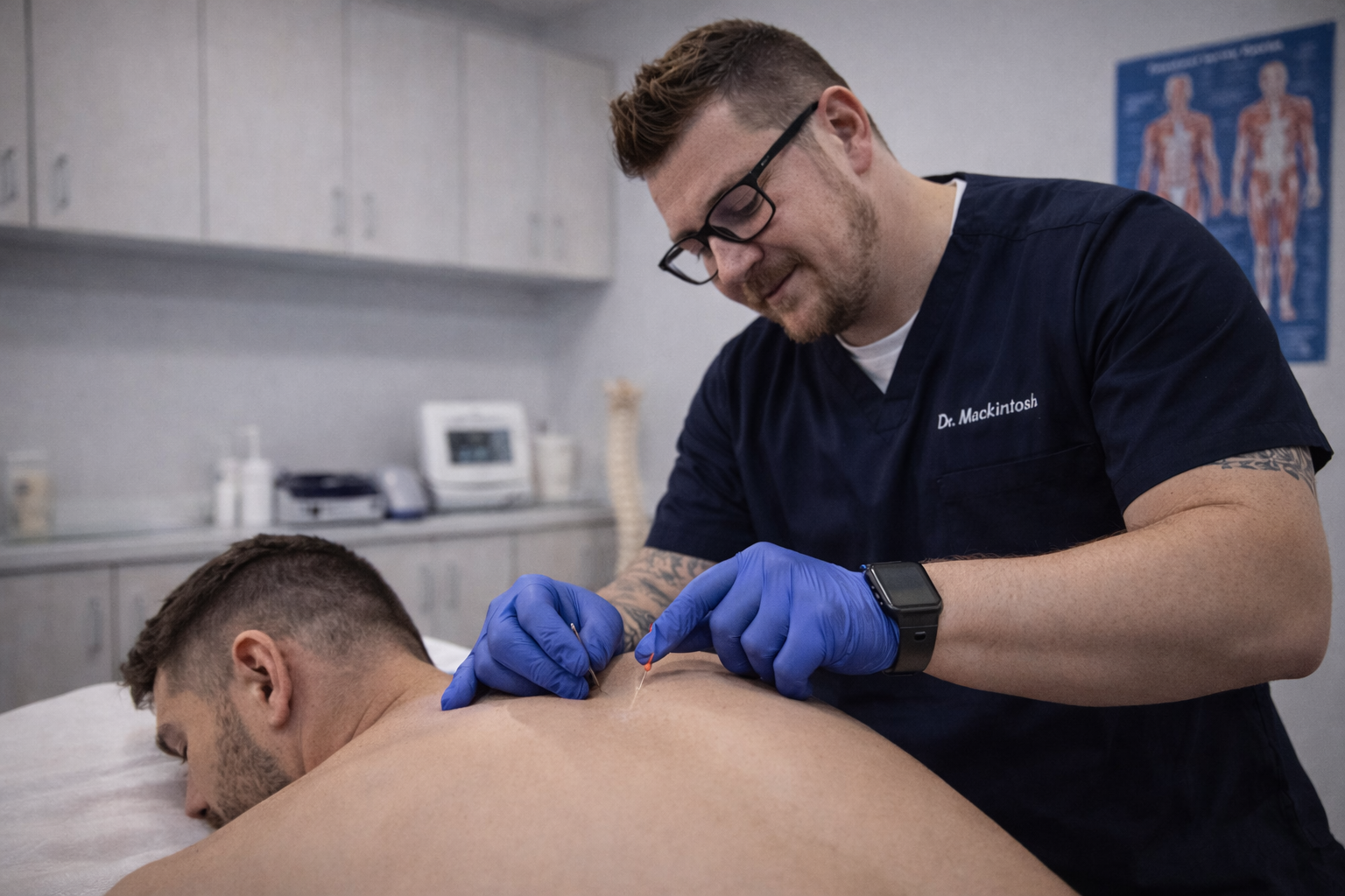 dr mac looking down treating on patient 