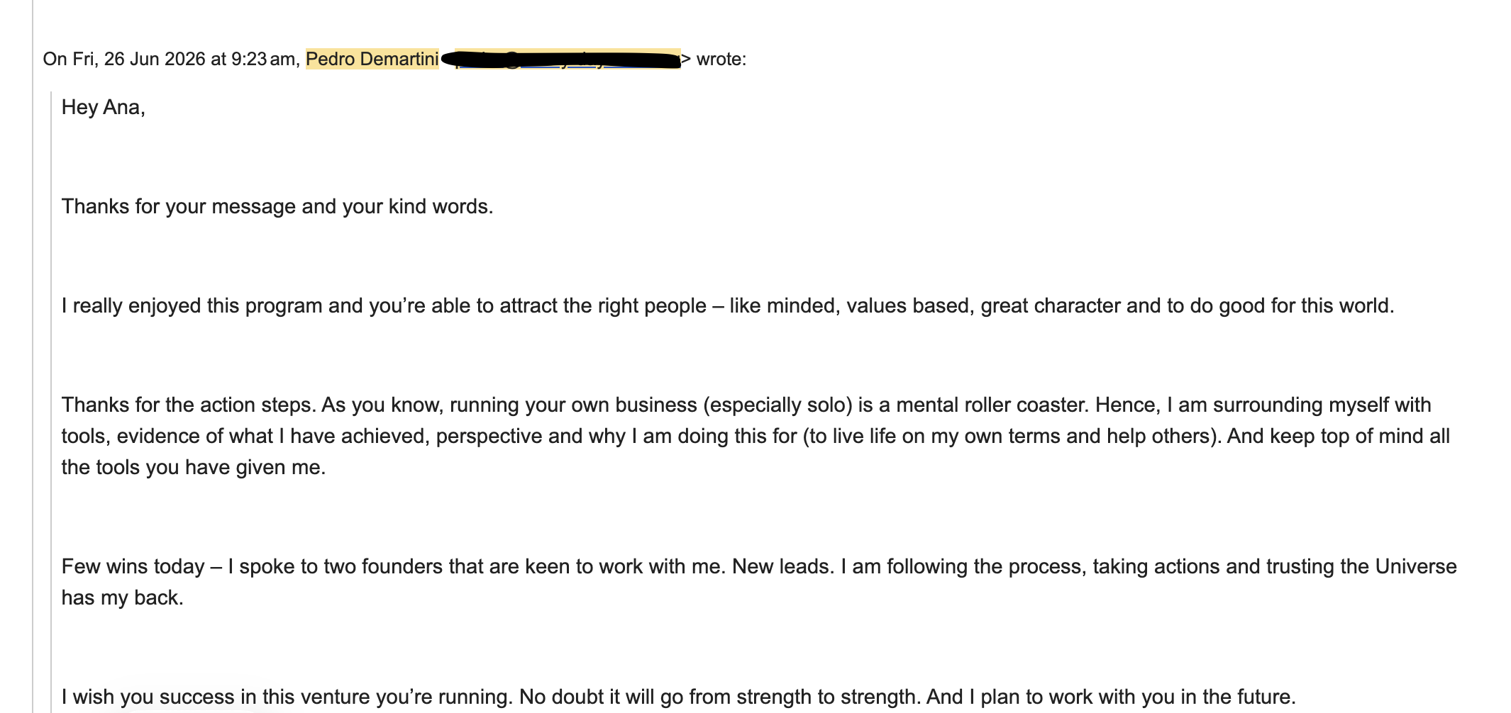 Client testimonial screenshot