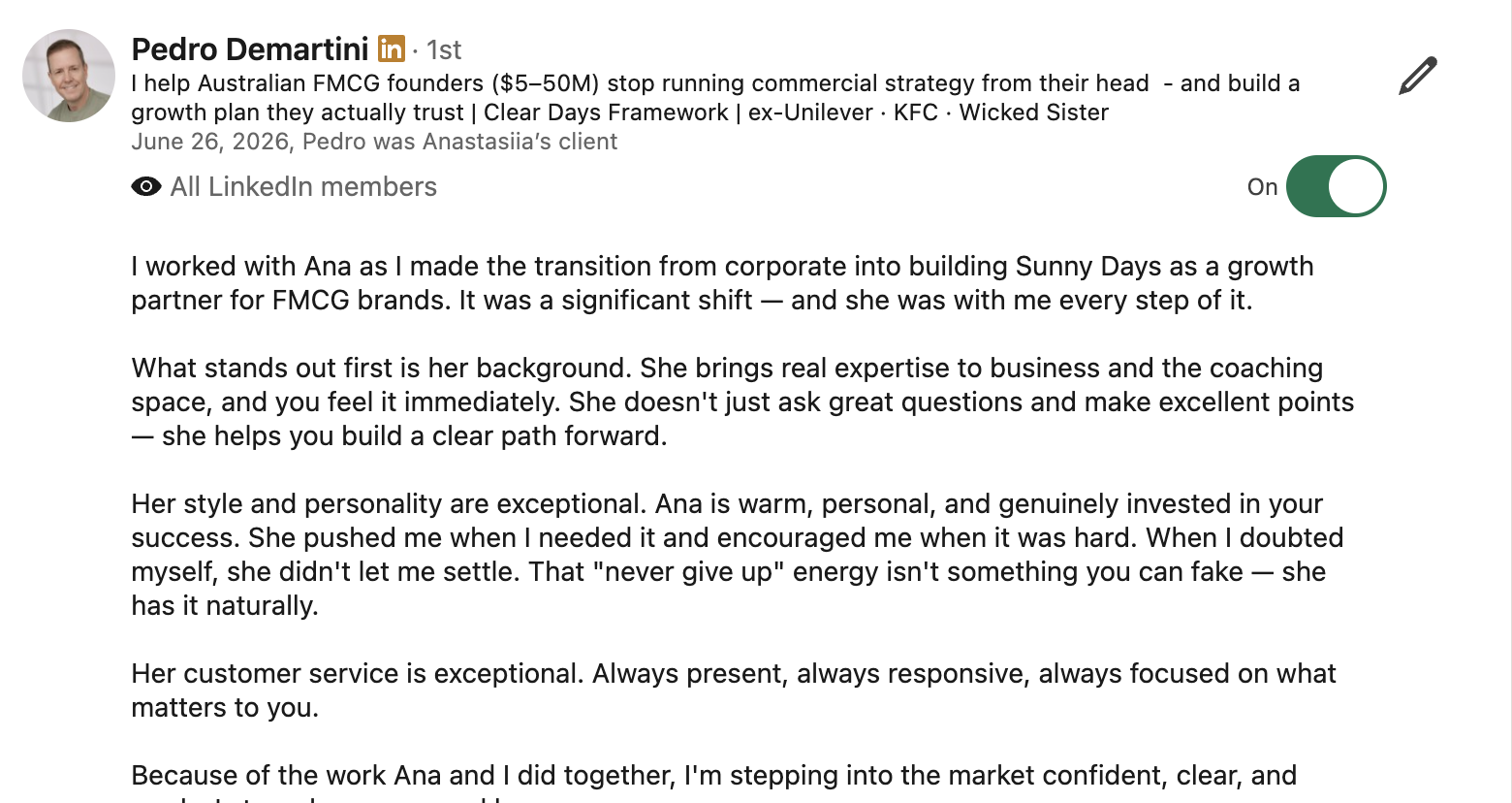 Pedro's full LinkedIn recommendation