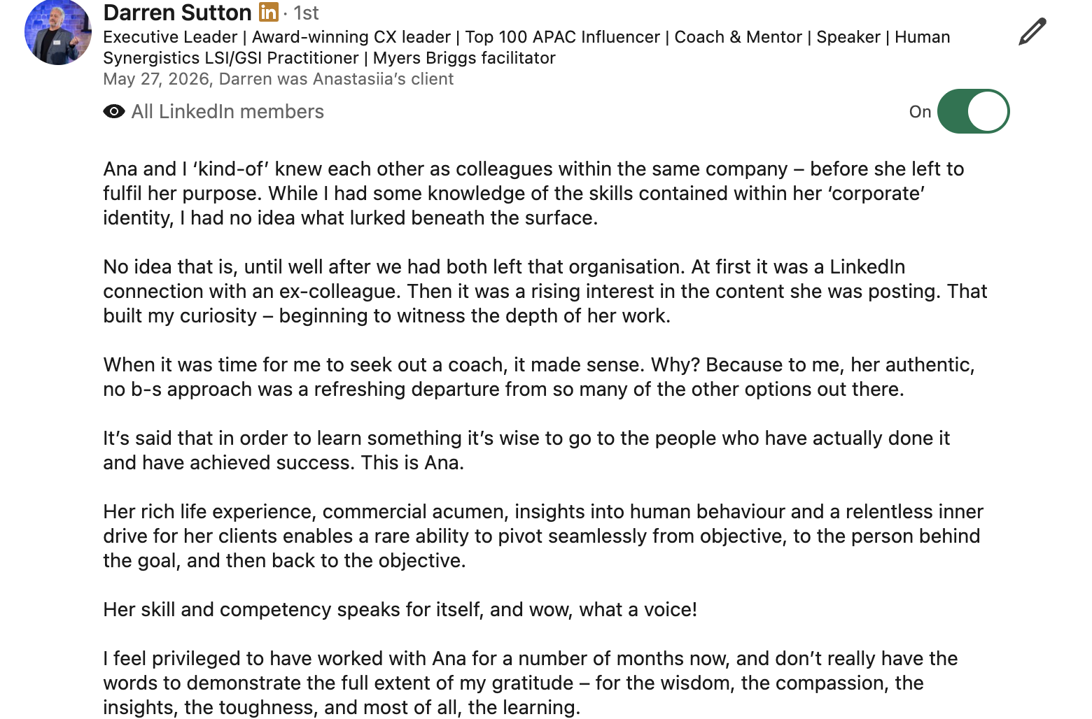 Client testimonial screenshot