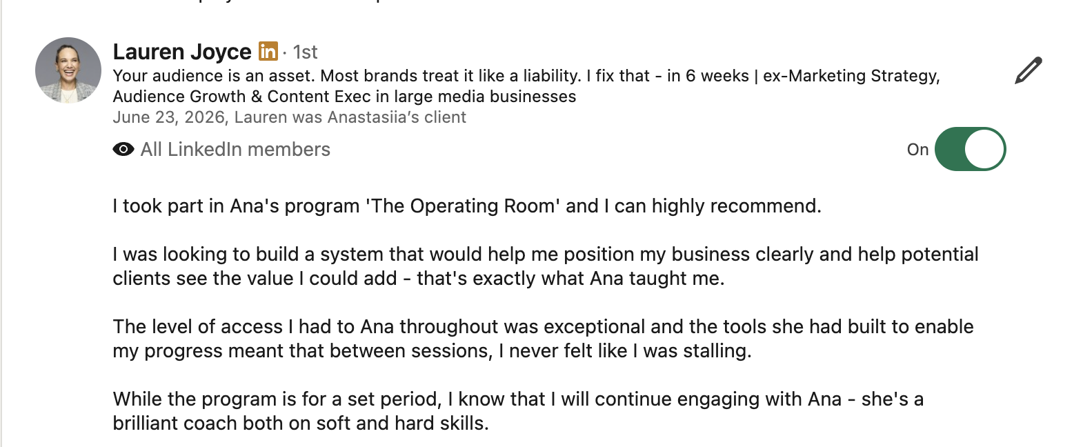 Lauren's full LinkedIn recommendation